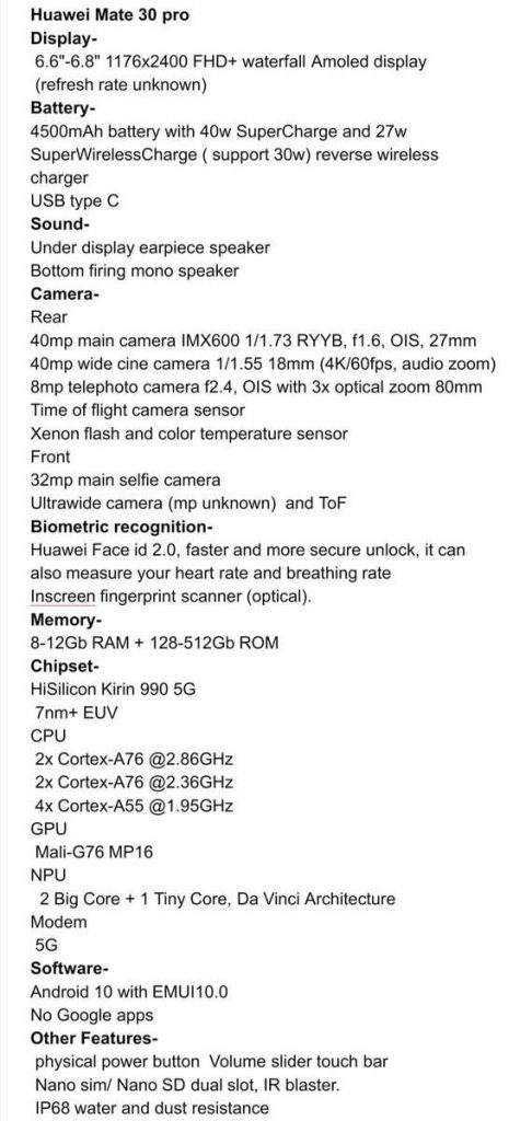 مشخصات گوشی هواوی میت 30 پرو - Huawei Mate 30 Pro