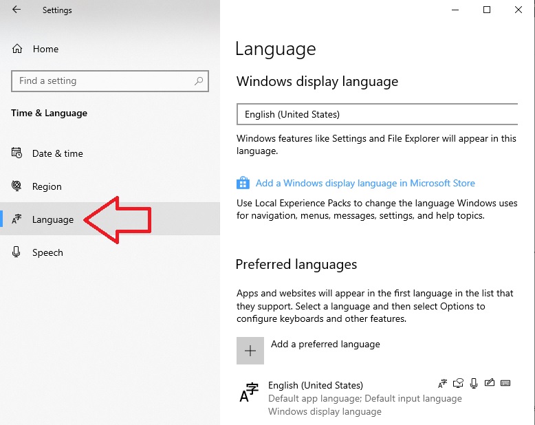 قسمت تنظیمات زبان ویندوز 10