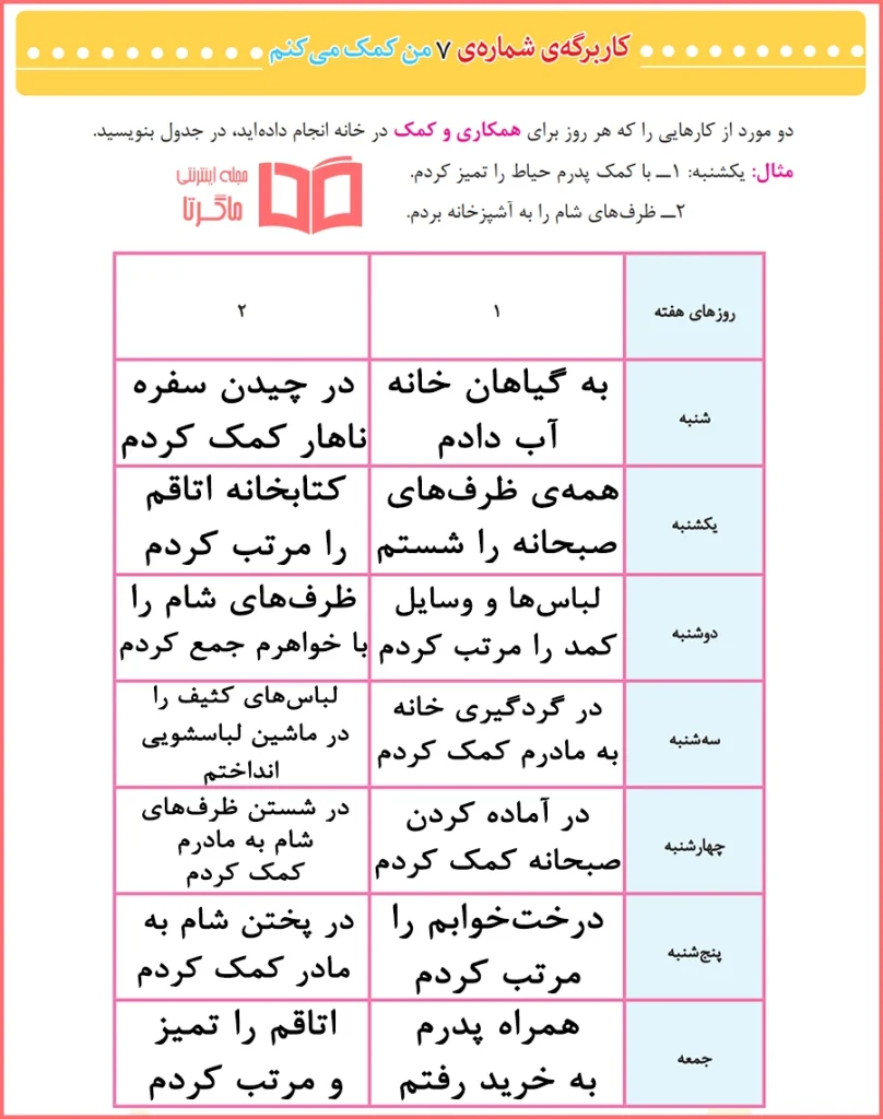 حل کاربرگه 7 مطالعات پایه سوم دبستان