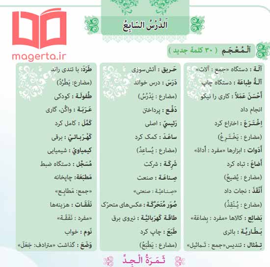 کلمات درس 7 عربی پایه نهم