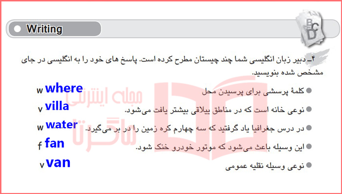 جواب تمرین چهارم صفحه ۵۳ درس اول کتاب کار زبان هفتم