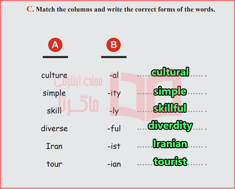 جواب تمرین C بخش دوم صفحه ۵۰ درس ۳ کتاب کار زبان یازدهم