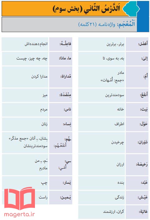 کلمات جدید درس دوم عربی هفتم بخش سوم کَنْزُ النَّصيحَةِ