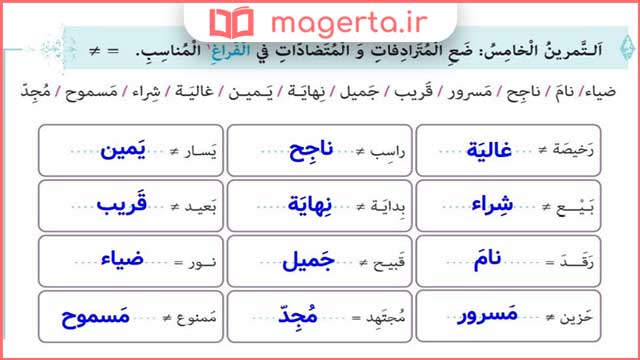 جواب تمرین پنجم صفحه 12 درس اول عربی دهم