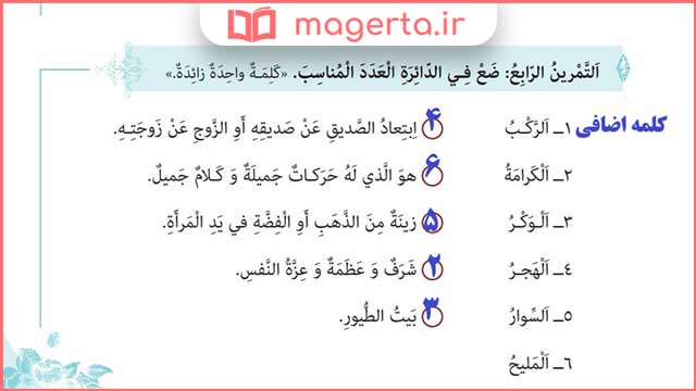 جواب تمرین چهارم صفحه ۱۱۶ درس ۸ عربی دهم
