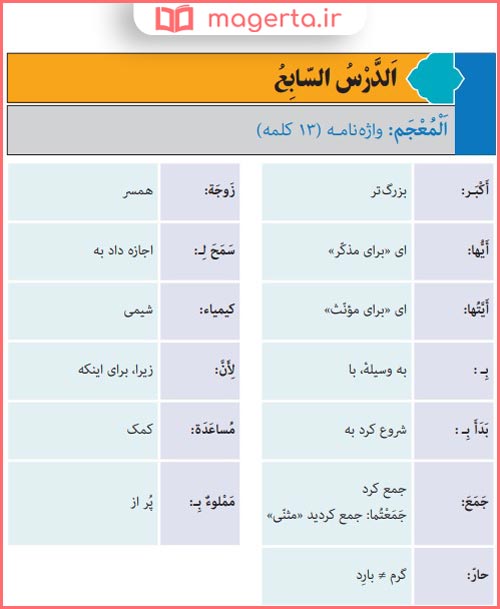 کلمات درس 7 کتاب عربی پایه هفتم متوسطه