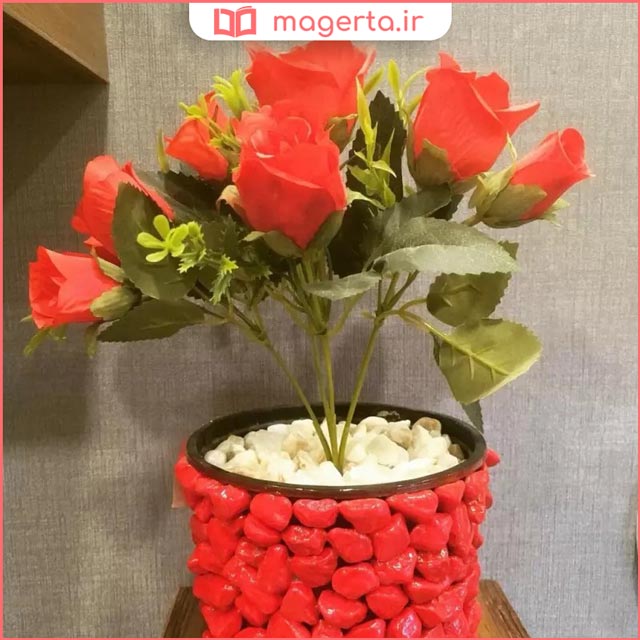 گلدان سنگی دستساز قطر 14 با گل مصنوعی