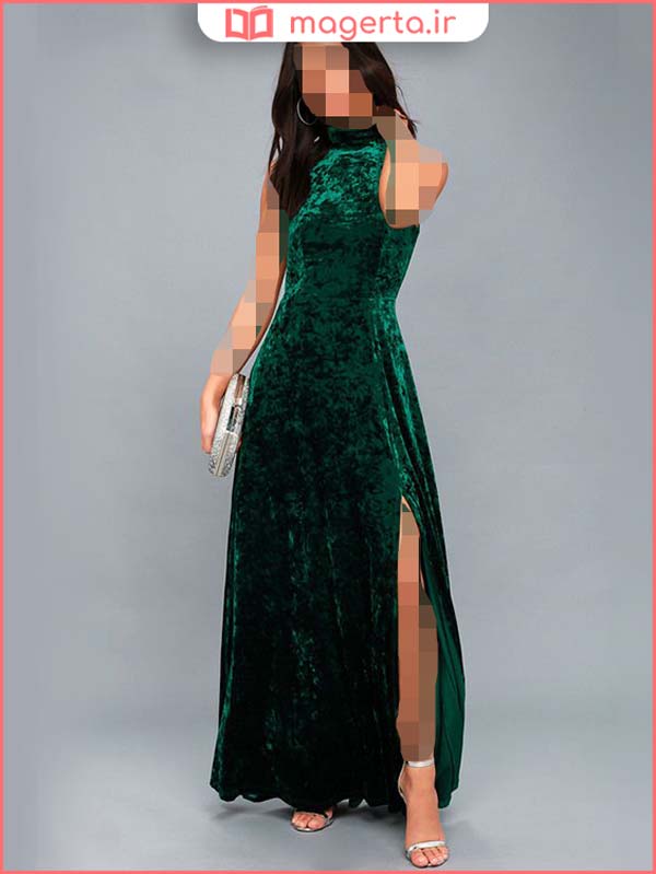 لباس بلند مخمل سبز و جذاب مجلسی با آستین خاص