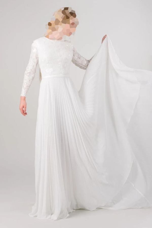 مدل لباس مجلسی سفید با پارچه گیپور و دامن دنباله دار