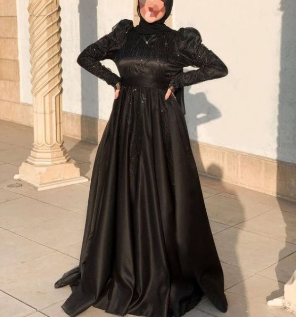لباس عربی زنانه مشکی با آستین پفی