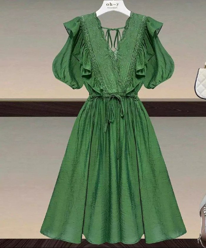 مدل لباس دخترانه با پارچه خامه دوزی رنگ سبز