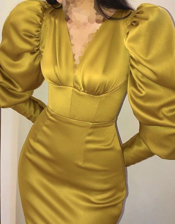 مدل لباس ساتن مجلسی بلند با آستین پفی لاکچری 2023