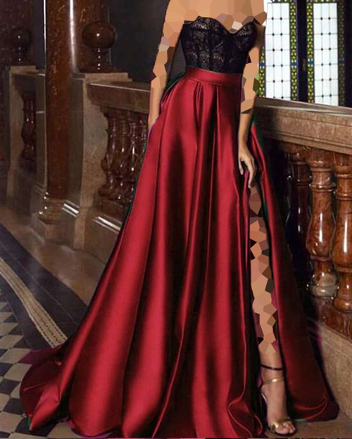 مدل لباس شب ساتن قرمز و مشکی چاک دار