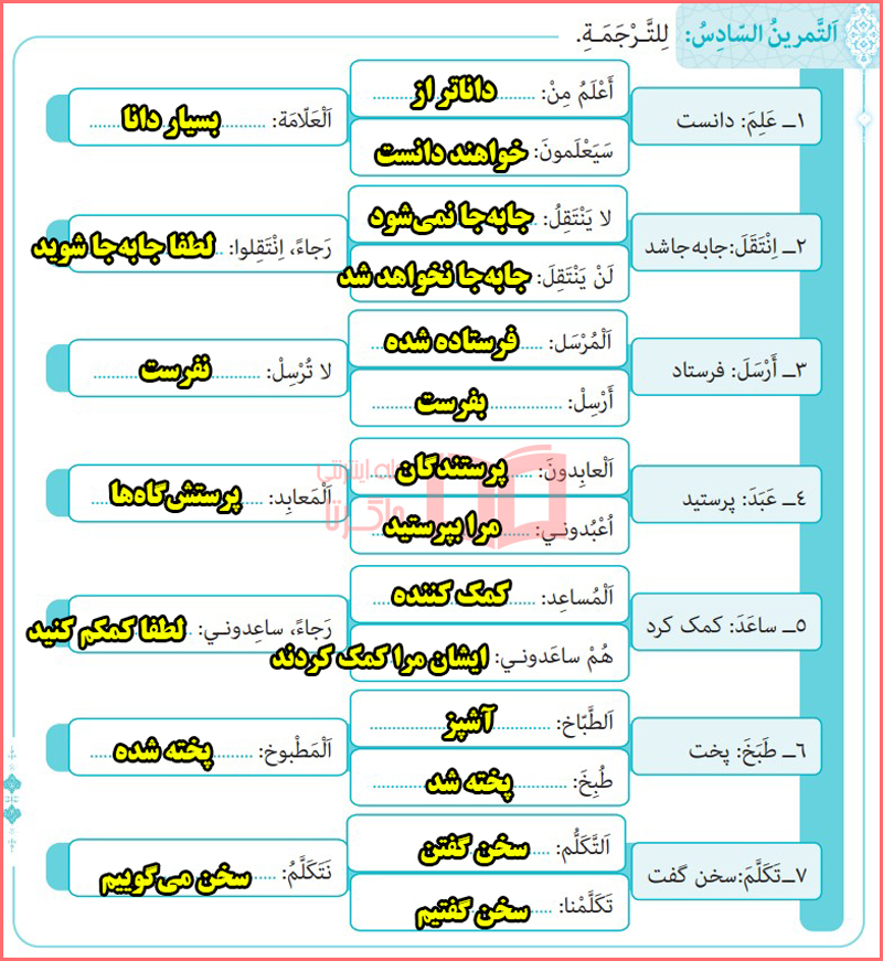 جواب تمرین ششم صفحه 46 درس 3 عربی دوازدهم