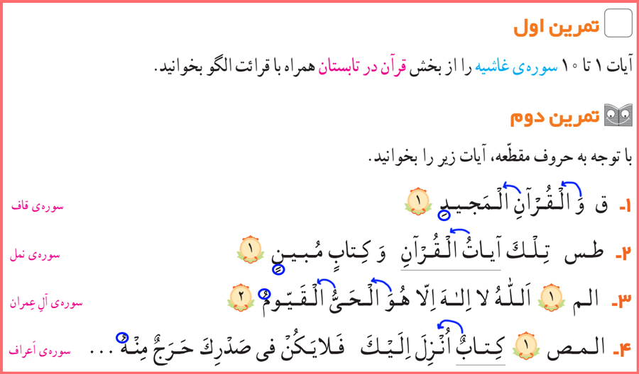 گام به گام تمرینات درس 5 قرآن چهارم ابتدایی