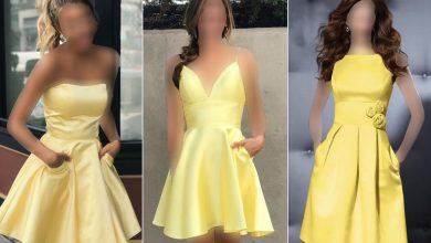 مدل لباس مجلسی کوتاه لیمویی رنگ