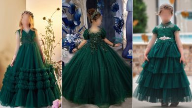 مدل لباس عروس بچه گانه پرنسسی بلند سبز