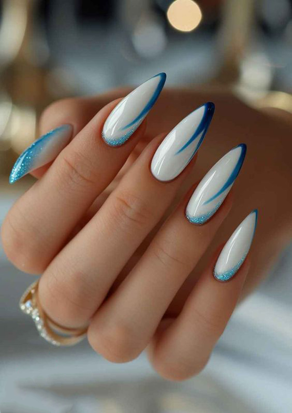 طرح ناخن آبی و سفید ساده