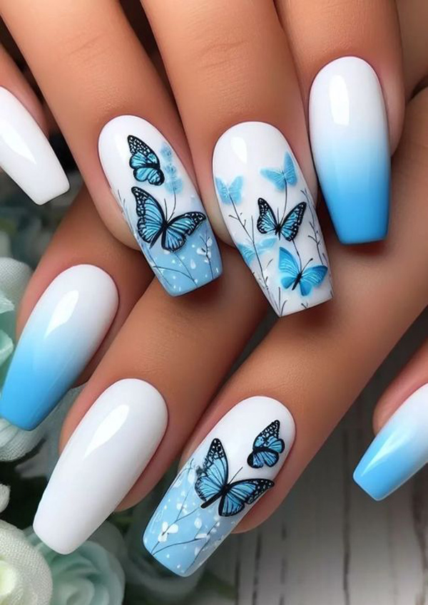 طرح ناخن آبی و سفید ساده