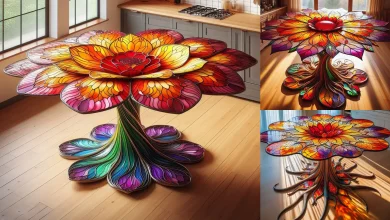 مدل میز ناهارخوری طرح گل شیشه ای هفت رنگ