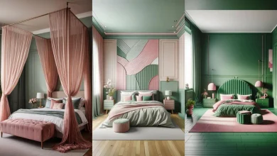 مدل دکوراسیون اتاق خواب با تم سبز و صورتی