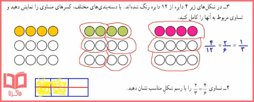 پاسخ فعالیت صفحه 34 تساوی کسرها ریاضی چهارم دبستان