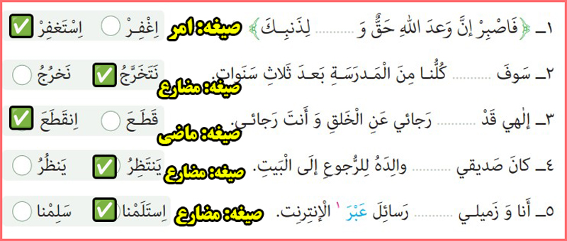 حل تمرین فعل و صیغه مناسب صفحه ۳۳ درس سوم عربی دهم معارف اسلامی