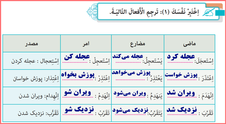 پاسخ سوالات درس اول عربی یازدهم رشته فنی حرفه ای