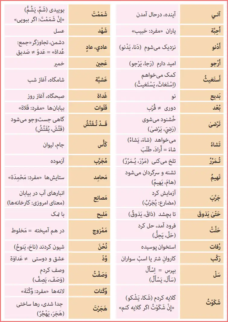 معنی کلمات جدید درس دوم عربی یازدهم انسانی