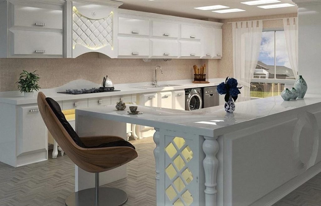 A kitchen with a white island

Description automatically generated