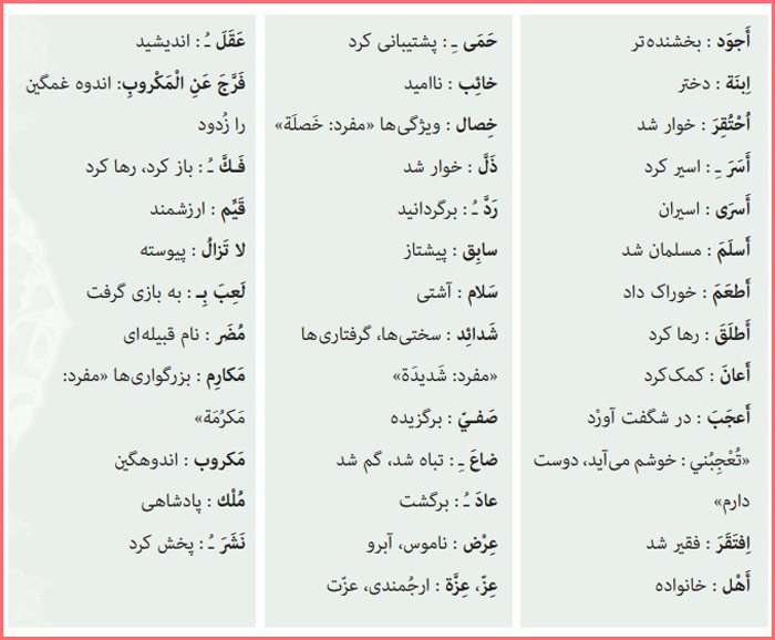 کلمات جدید درس هفتم عربی پایه دهم معارف اسلامی