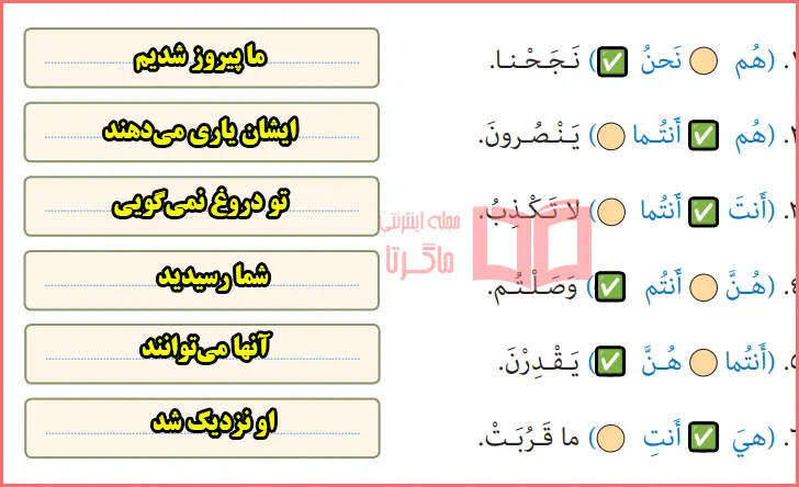 جواب تمرین چهارم صفحه ۱۷ درس اول عربی نهم