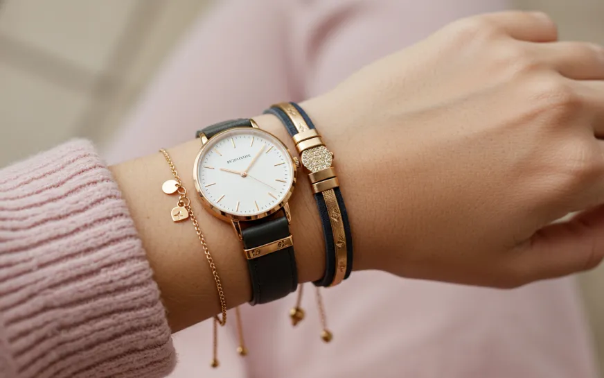 ست دستبند چرمی و ساعت چرمی و دستبند فلزی