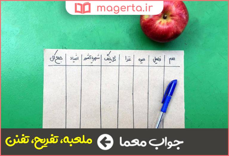 جواب معما اسم بازی در جدول