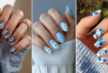 مدل ناخن آبی گلدار