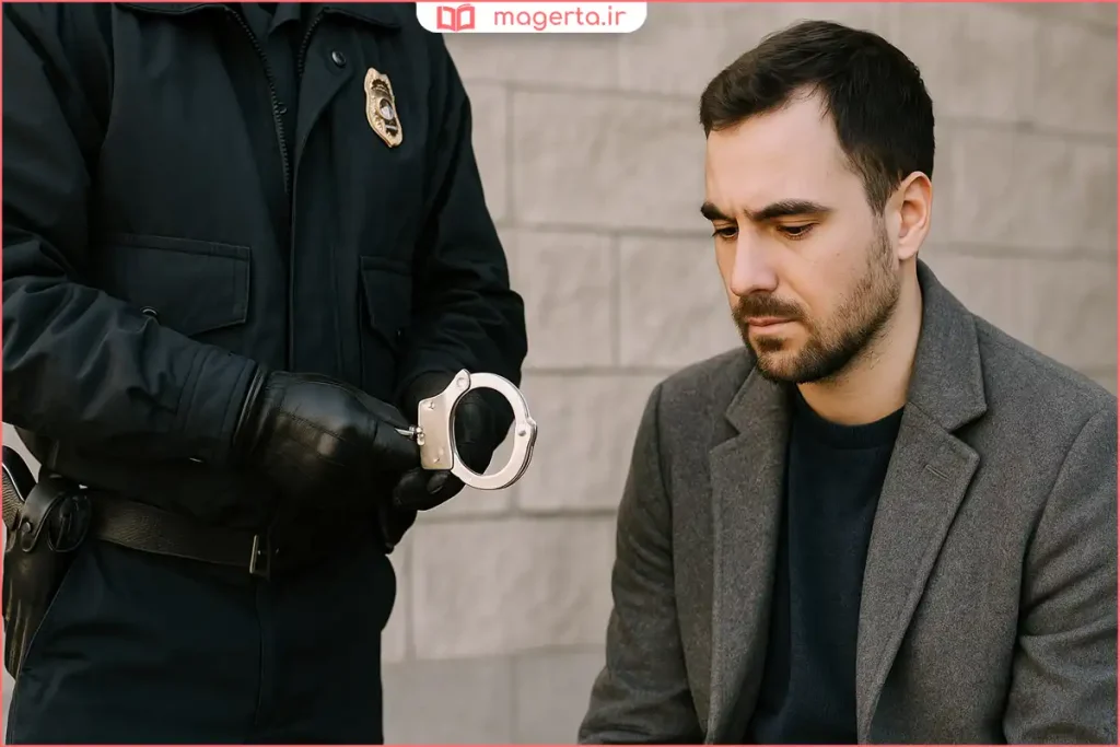 نمای نزدیک از دستبند زدن به متهم در عملیات جلب