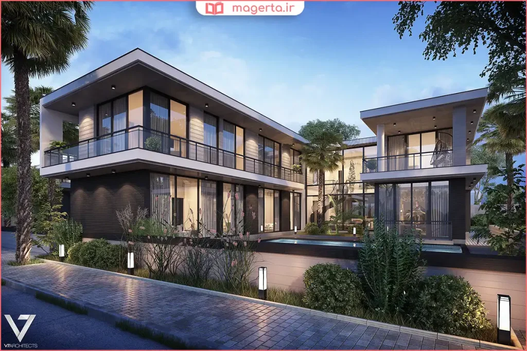 ویلای تکمیلشده با حیاط سبز و نمای مدرن آماده سکونت