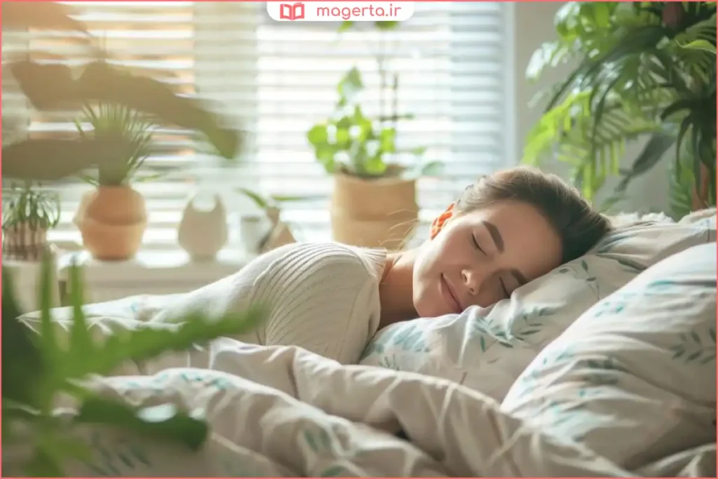 نمای نزدیک از خواب آرام فرد با نور ملایم اتاق خواب