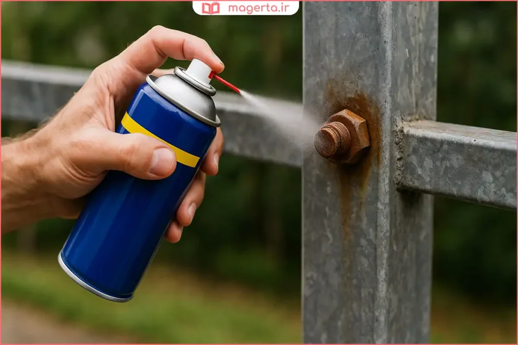 اسپری ضدزنگ روی اتصالات و پیچومهرهها برای جلوگیری از خوردگی