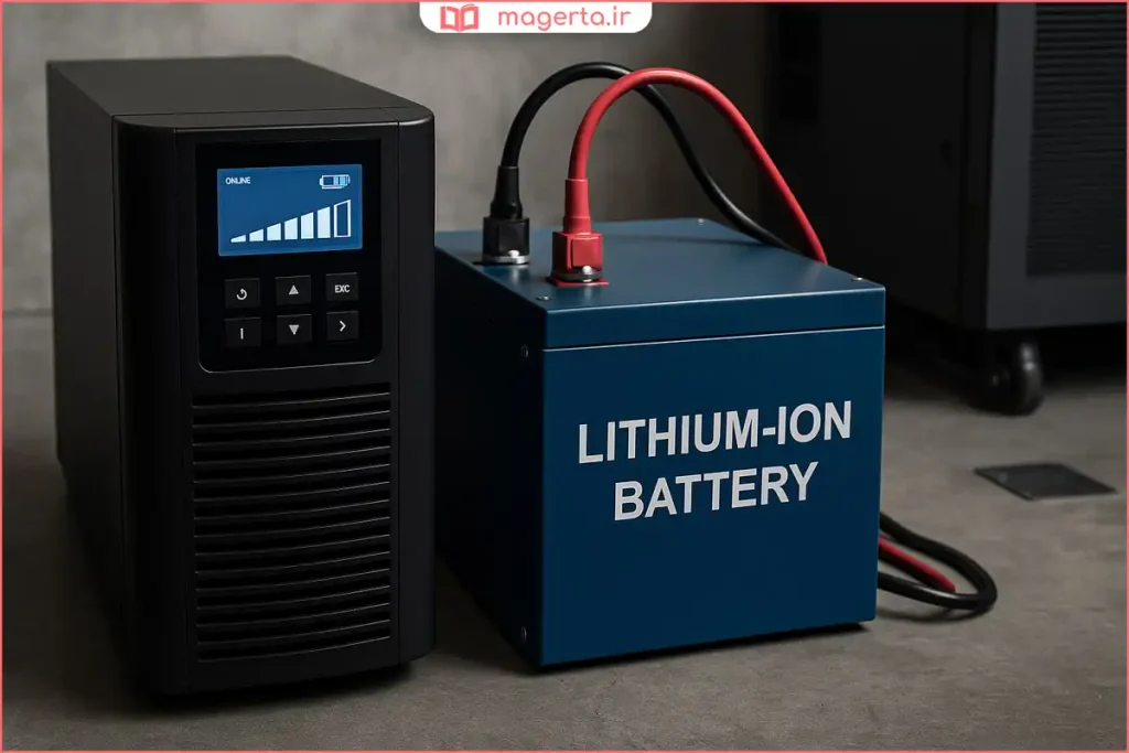 دستگاه UPS آنلاین متصل به بانک باتری لیتیومی برای ذخیره برق اضطراری