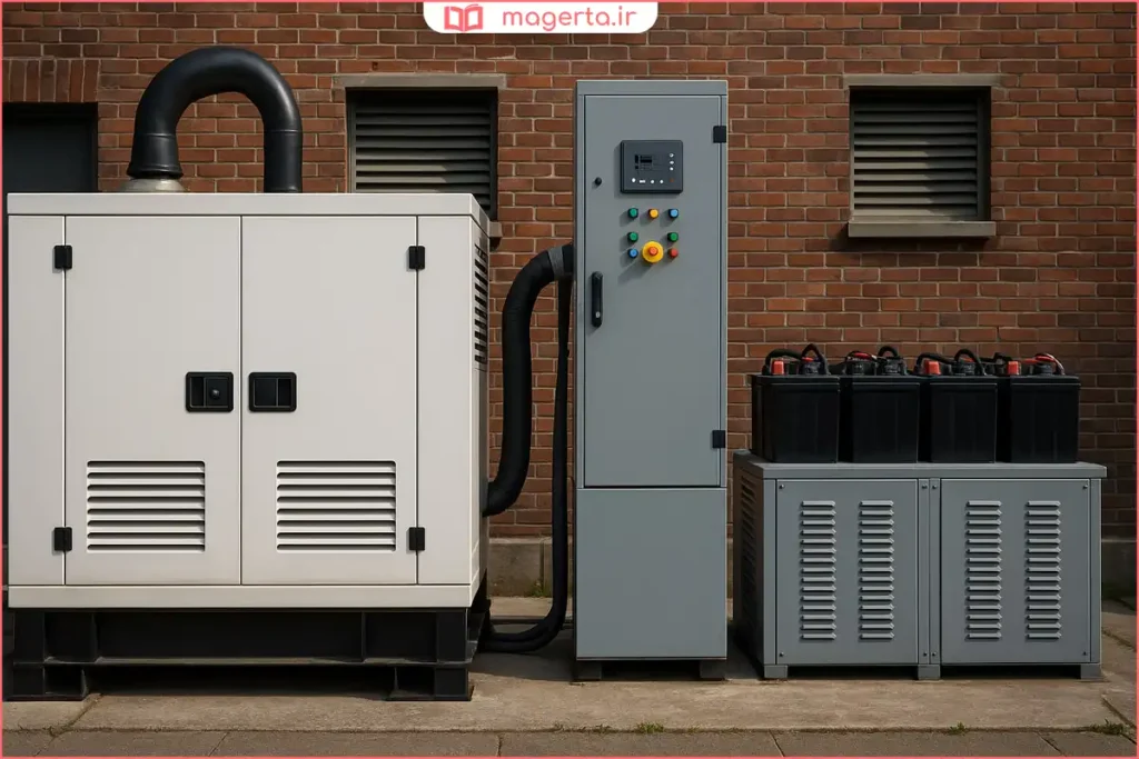 سیستم ترکیبی ژنراتور و باتری نصب‌شده در اتاق برق ساختمان