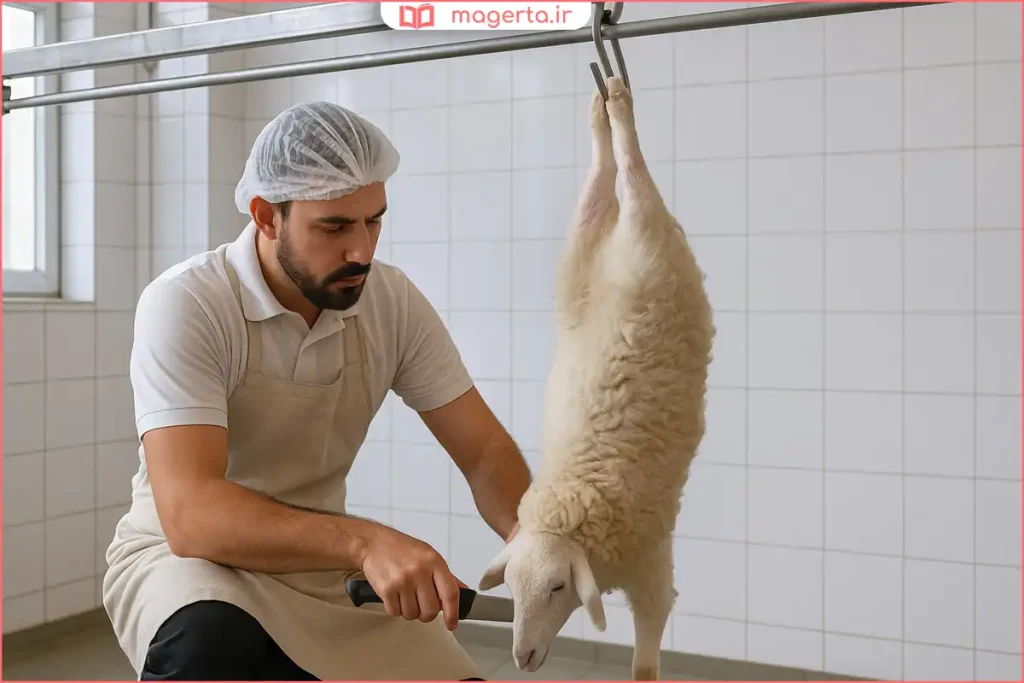ذبح گوسفند با رعایت نکات بهداشتی و شرعی در محیط تمیز