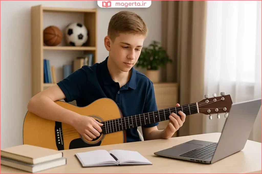تمرین گیتار توسط نوجوان برای پرورش استعداد هنری