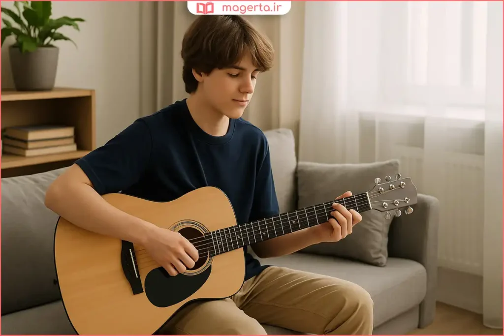 نوجوان در حال یادگیری موسیقی یا هنر برای پرورش استعدادهای شخصی