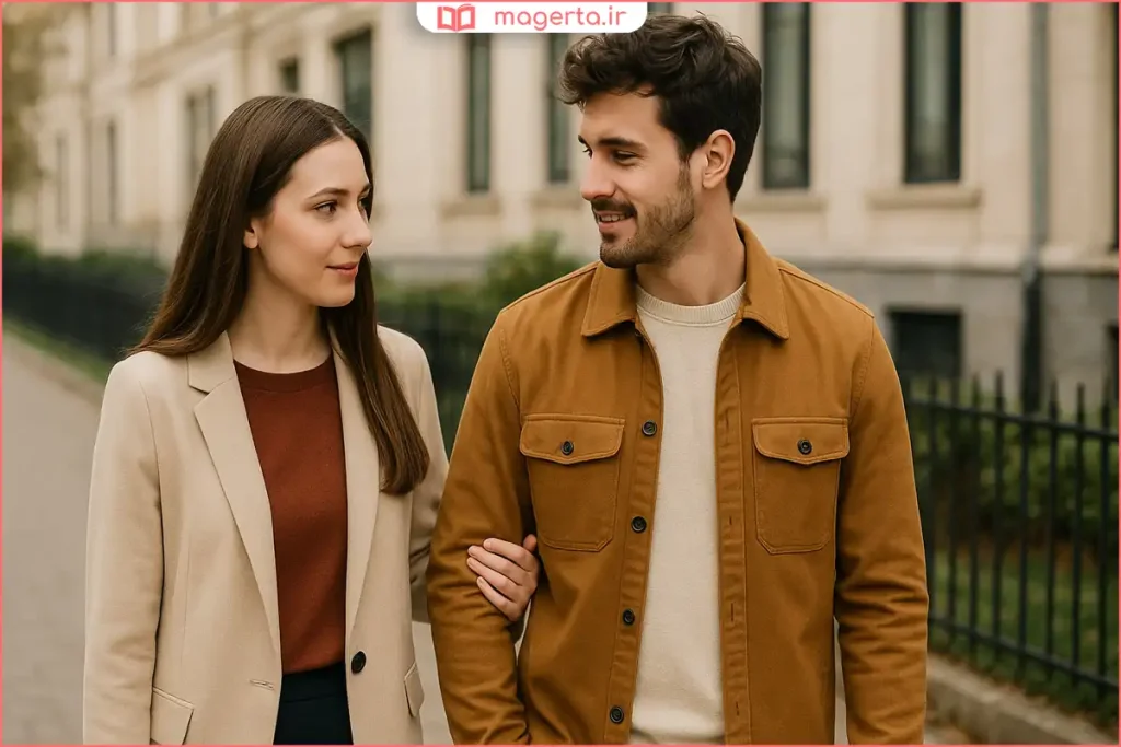 زوج جوان در حال گفتوگوی صمیمی در کافه با لبخند و آرامش