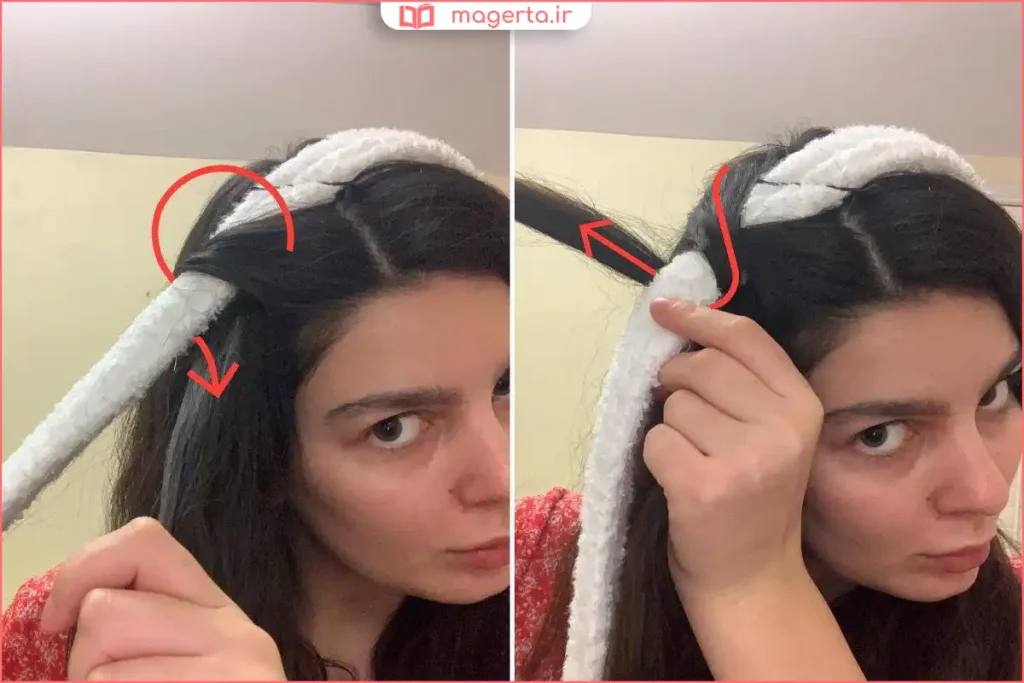 پیچاندن دستههای مو دور جوراب نرم برای فر طبیعی بدون حرارت