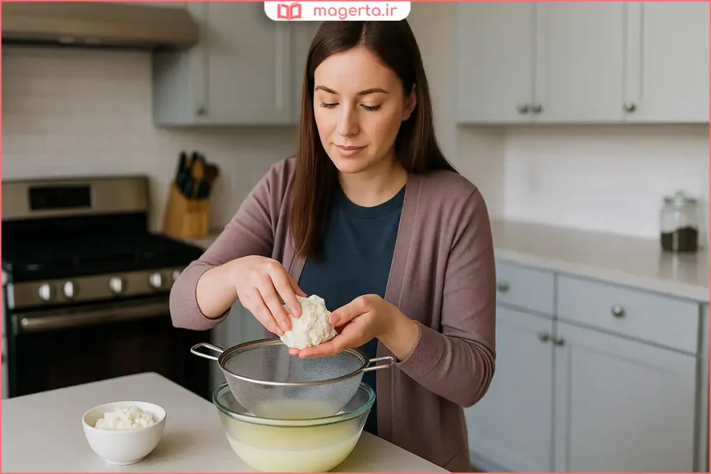 صاف کردن مایع غلیظ آب پنیر با پارچه توری برای جدا کردن مواد جامد