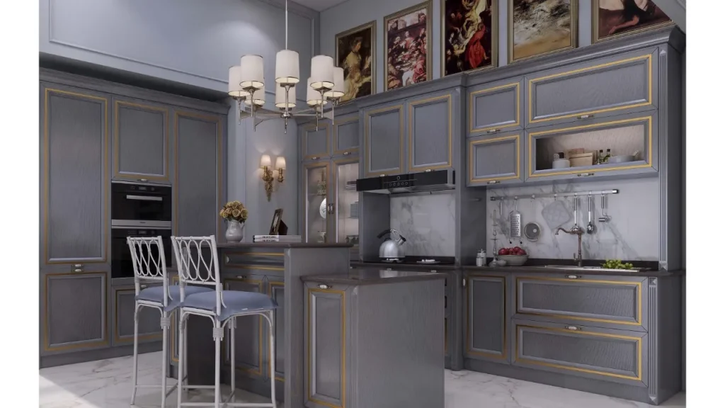 کابینت نئوکلاسیک با جزیره به رنگ طوسی طلایی