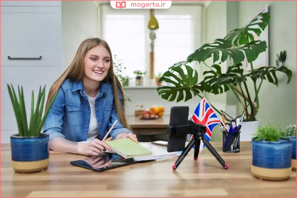 دانشجو در حال یادگیری زبان انگلیسی با اپلیکیشن موبایل تعاملی