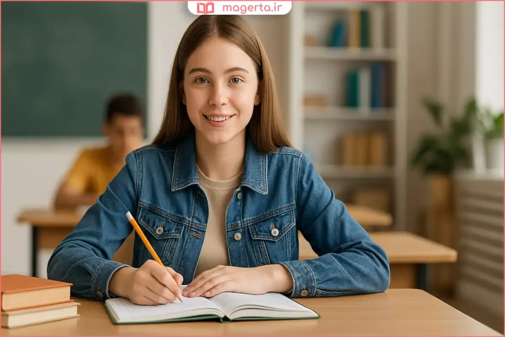 دانش‌آموز در حال مطالعه و یادداشت‌برداری از کتاب در اتاق مطالعه